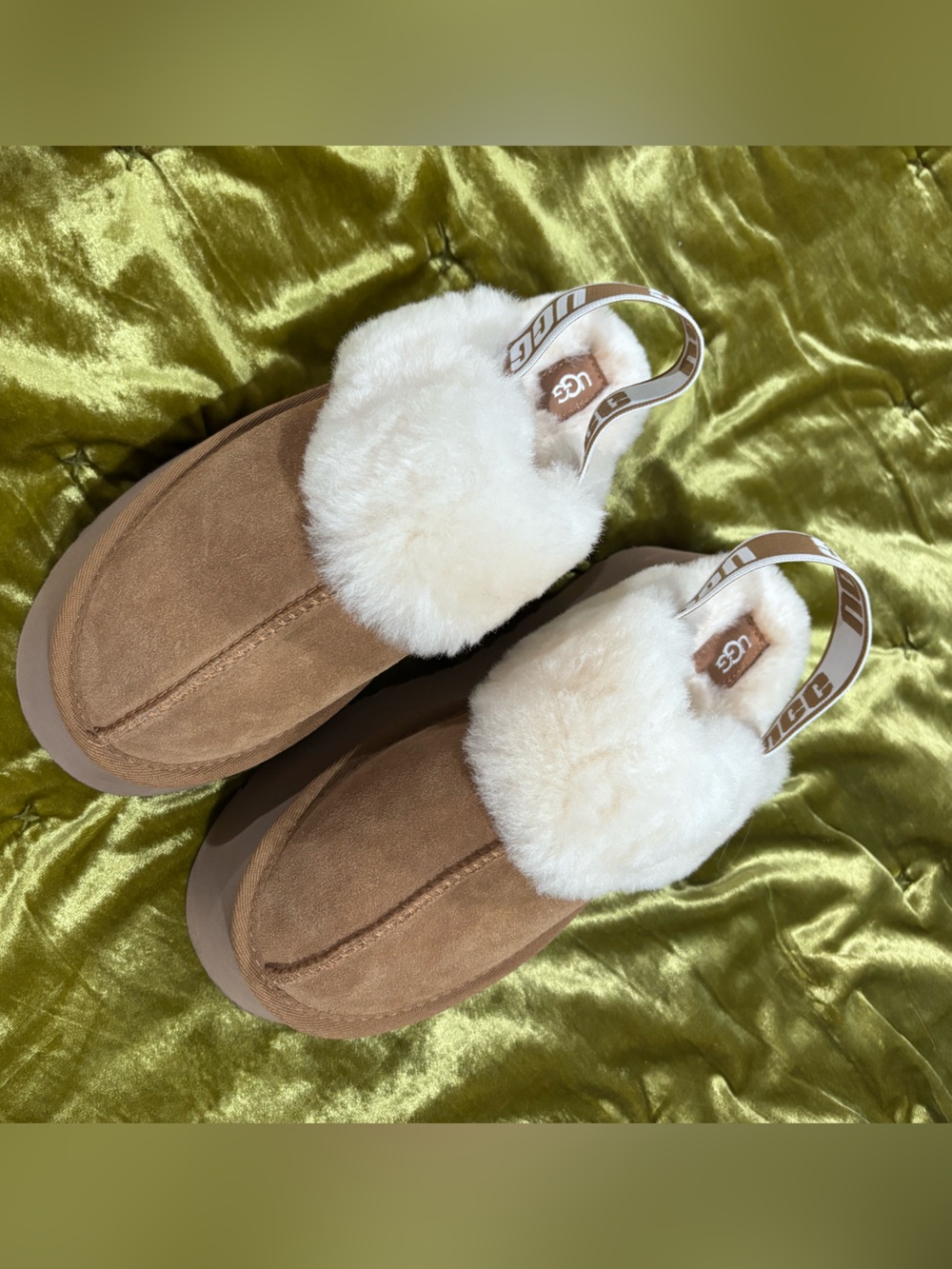 UGG Chestnut Suede Shearling Clog Slippers with Cream Fur Trim